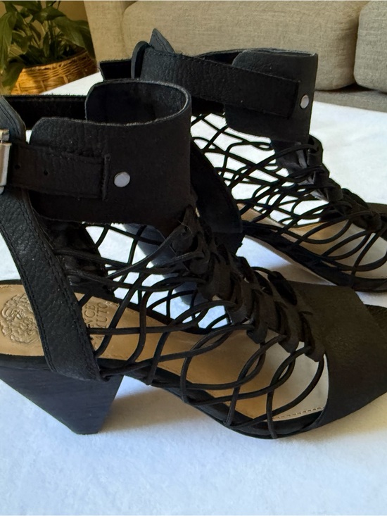 Vince Camuto Shoes - Vince Camuto VV-Evel Black Lace-Up Cage Block Heel Sandals